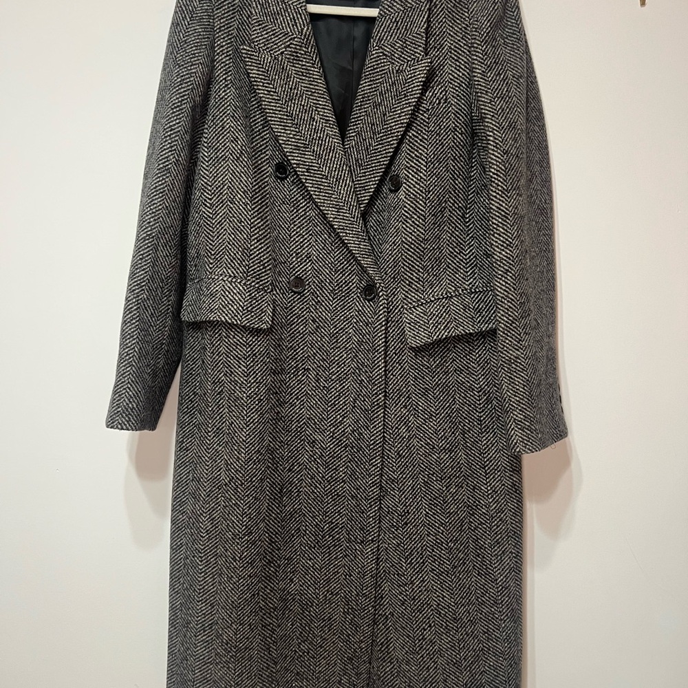 Babaton - Women’s Herringbone Double-Breasted Long Coat - Gray